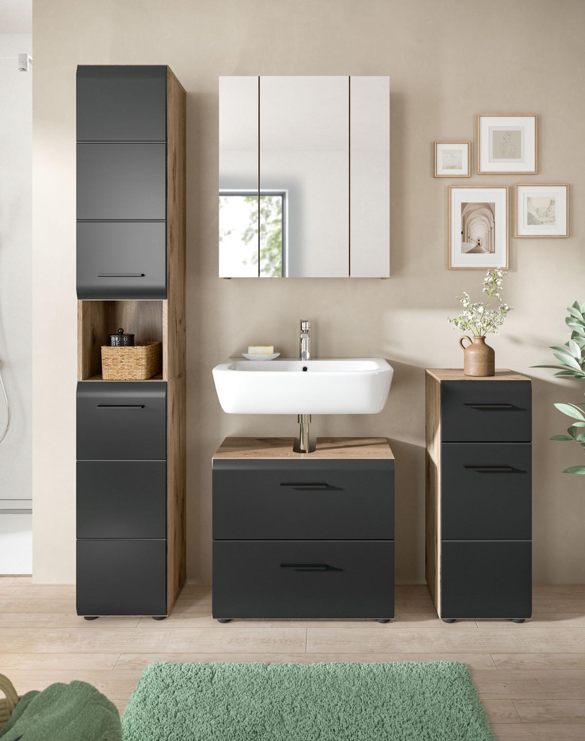 BADMÖBEL-SET 4-teilig Schwarz matt, Eiche Nox 150 x 185 cm, mit viel Stauraum und Vollauszug - Eichefarben/Schwarz, Glas/Holzwerkstoff (150/185/30cm) - Inn.Furn