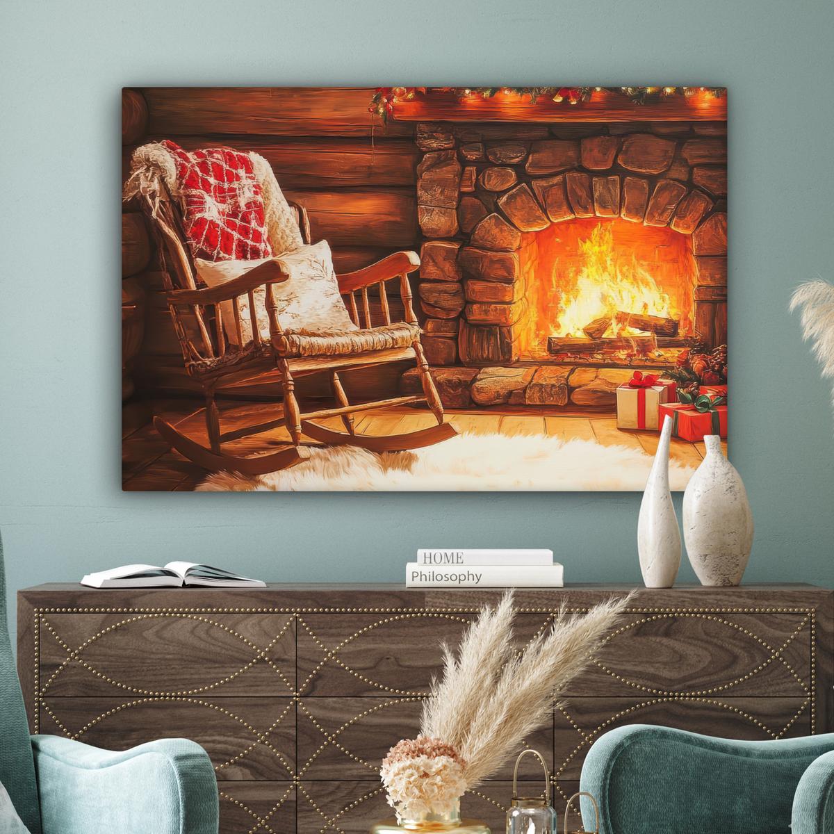 LEINWANDBILD Winter - Weihnachten - Zuhause - Kamin Wohnzimmer Groß 120x80 cm - Bernsteinfarben, Textil (120/80cm) - MuchoWow