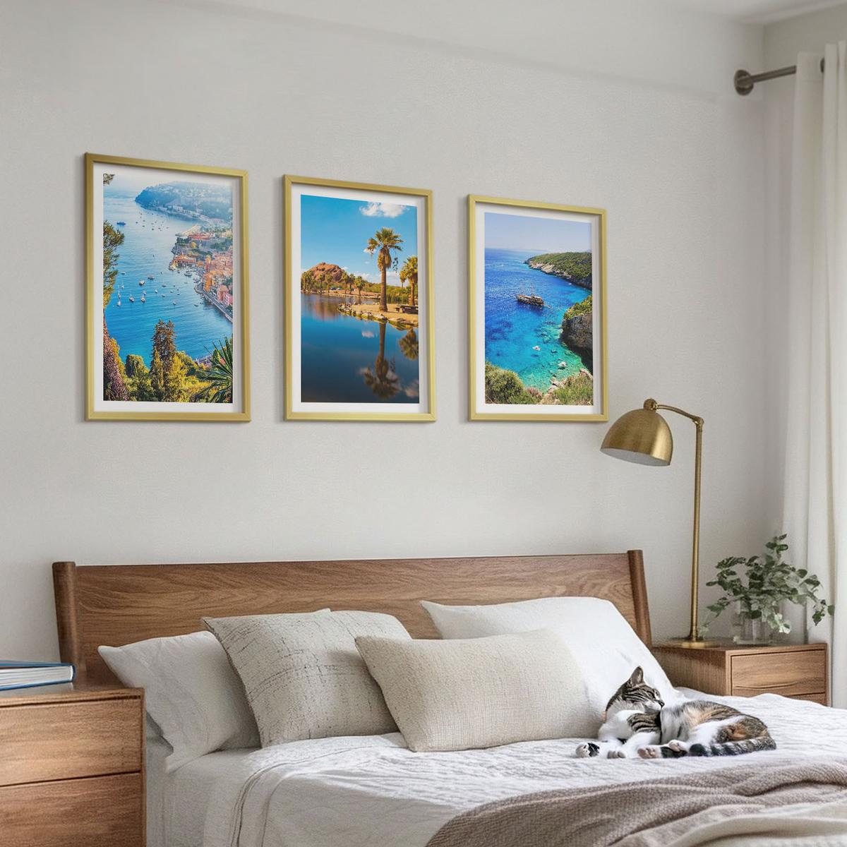 BILDER SET 3er Set - 40x60 cm Goldrahmen - Palmen am Meer, blaues Wasser - Goldfarben, Kunststoff (40/60cm) - TULUP