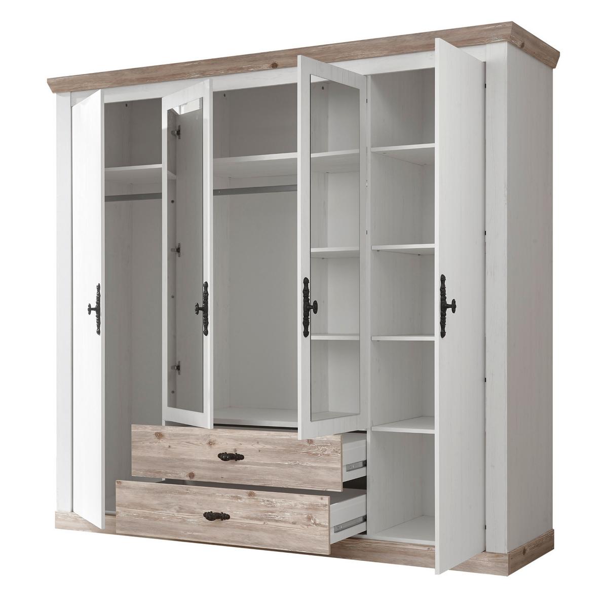 KLEIDERSCHRANK Pinie weiß, Oslo Pinie Landhaus, Drehtürenschrank 4-türig mit Spiegel, 217 x 201 cm - Anthrazit/Weiß, Holzwerkstoff/Metall (217/201/60cm) - Furn.Design