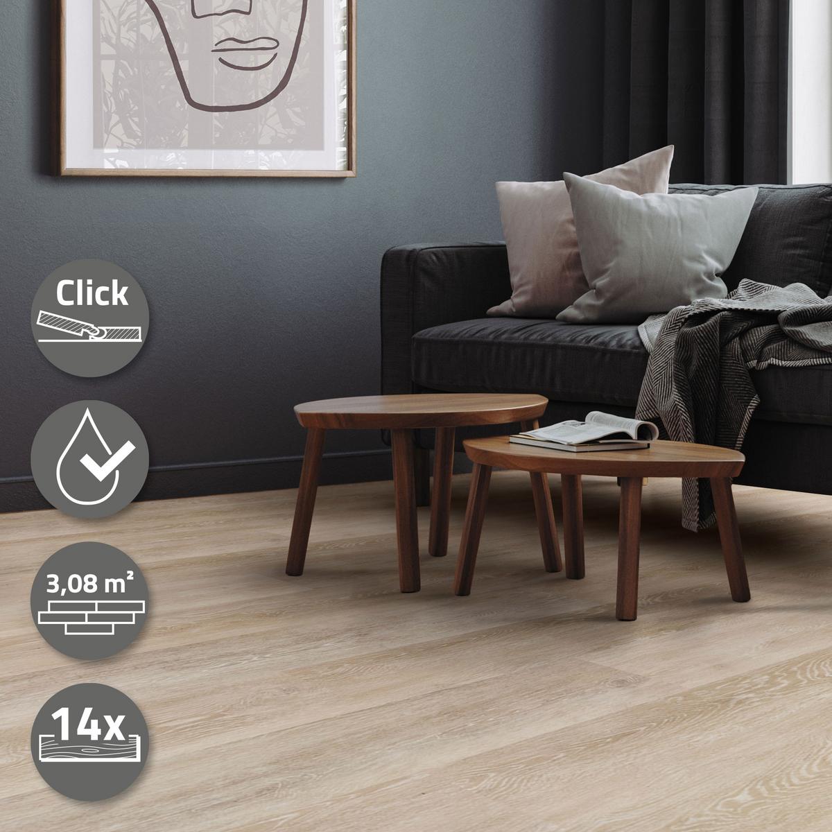 VINYLBODEN Click 3,08m²/14 Dielen Afterglow Eiche - Hellgrau, Kunststoff (122/18/0.42cm) - ML-DESIGN