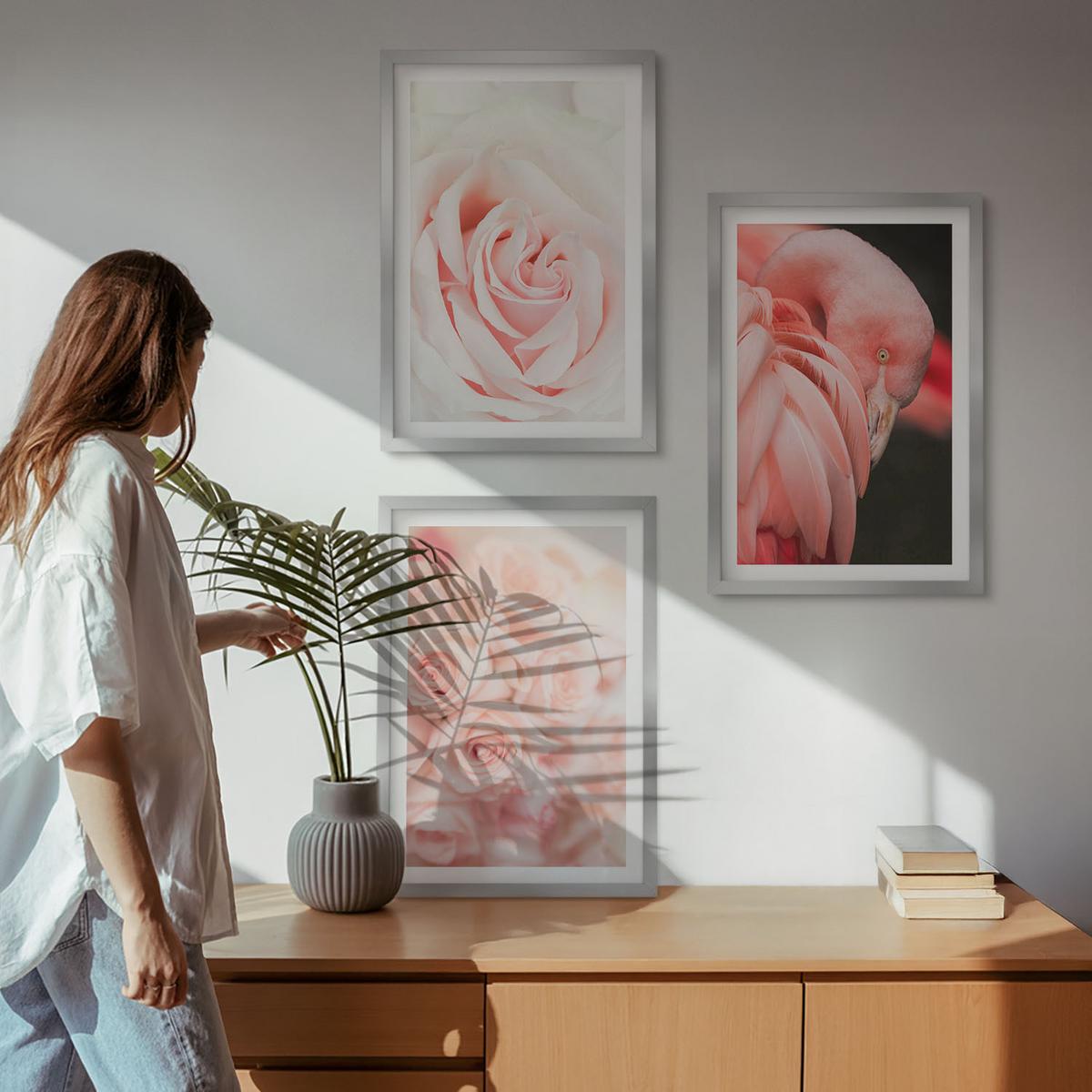 BILDER SET 3er Set - 40x60 cm Silberner Rahmen - Zartrosa Flamingos - Silberfarben, Kunststoff (40/60cm) - TULUP