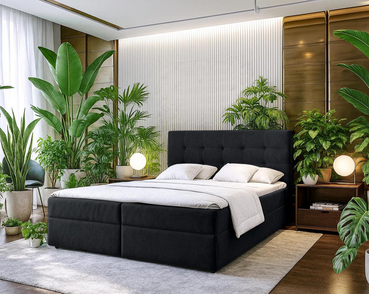 BOXBETT GECETENI 180x200 cm mit Bettkasten und Matratze - Schwarz + TOPPER - Schwarz, Holz/Holzwerkstoff (180/200cm) - AX Living