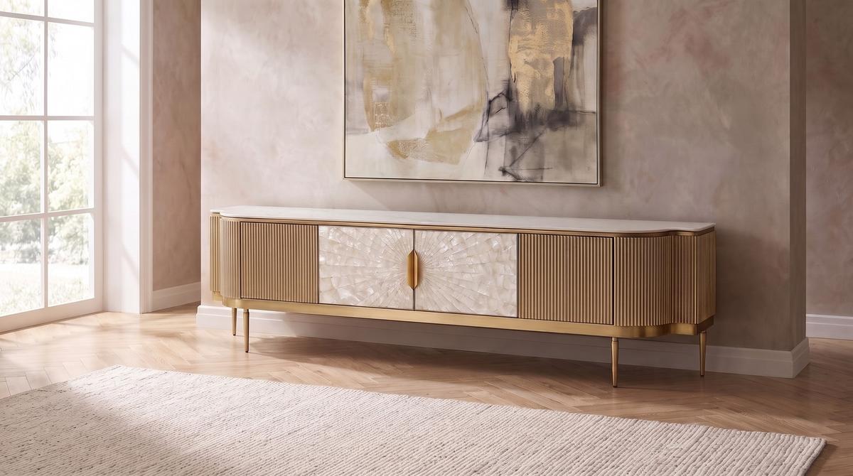 LOWBOARD LEOLA Cremeweiß Holz - Goldfarben/Creme, Holz/Metall (200/200cm) - KAWOLA