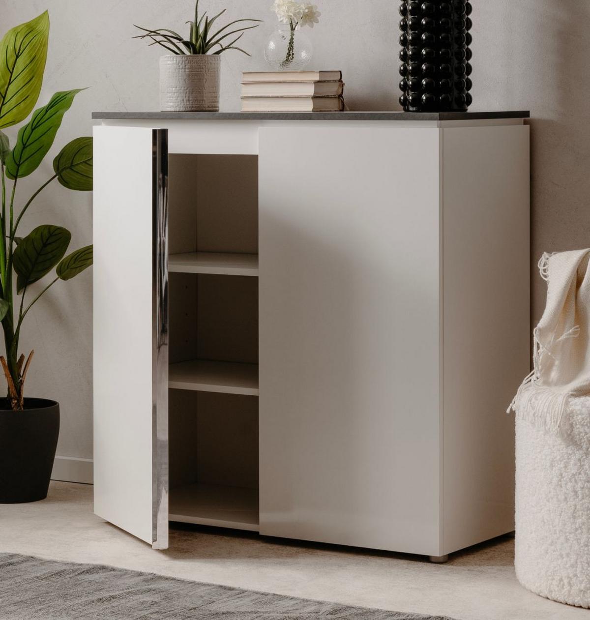 KOMMODE weiß Glanz, grau 89 x 92 cm, Sideboard 2-türig - Chromfarben/Silberfarben, Holzwerkstoff/Kunststoff (88.5/92/40cm) - Furn.Design
