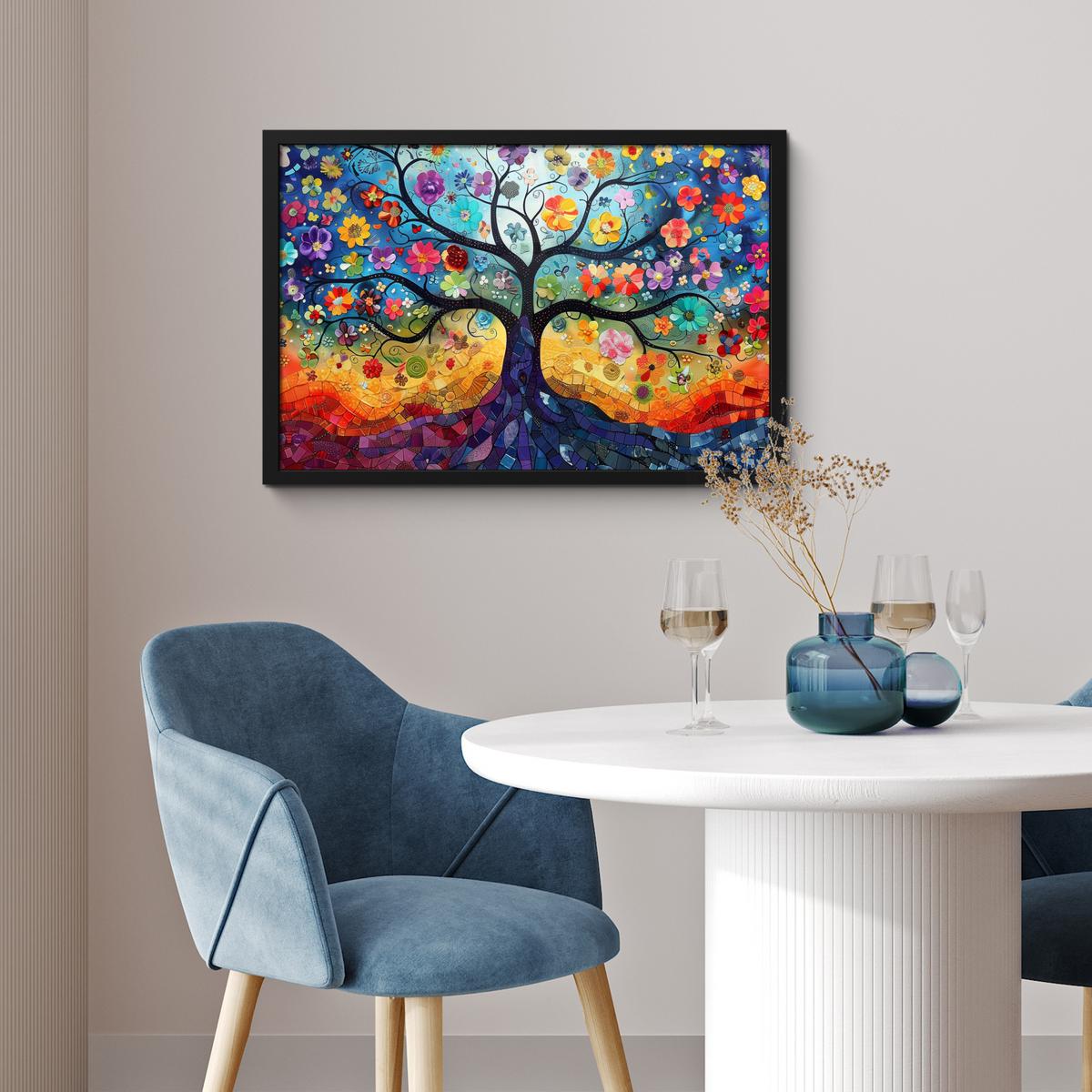 POSTER MIT RAHMENGERAHMTES BILD Kunst - Baum des Lebens - Blumen - Hippie 60x40 cm - Dunkelblau, Papier (60/40cm) - MuchoWow