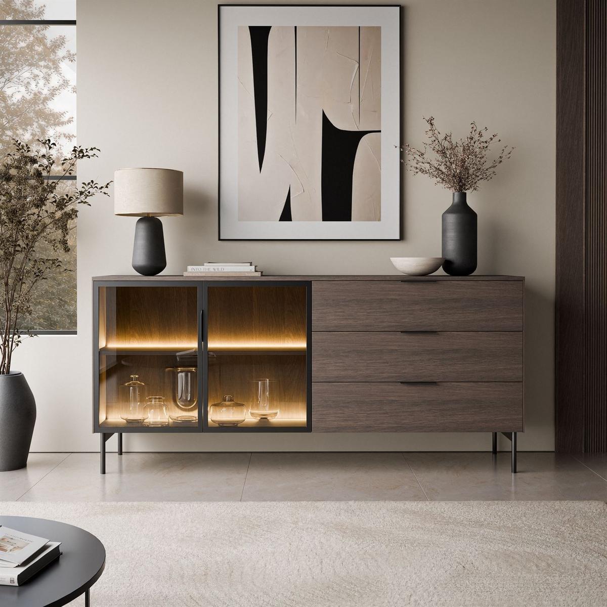 SIDEBOARD LINEA LOFT mit LED-Beleuchtung Eiche + Schwarz - Eichefarben, Holzwerkstoff (181/83/39cm) - Lookway