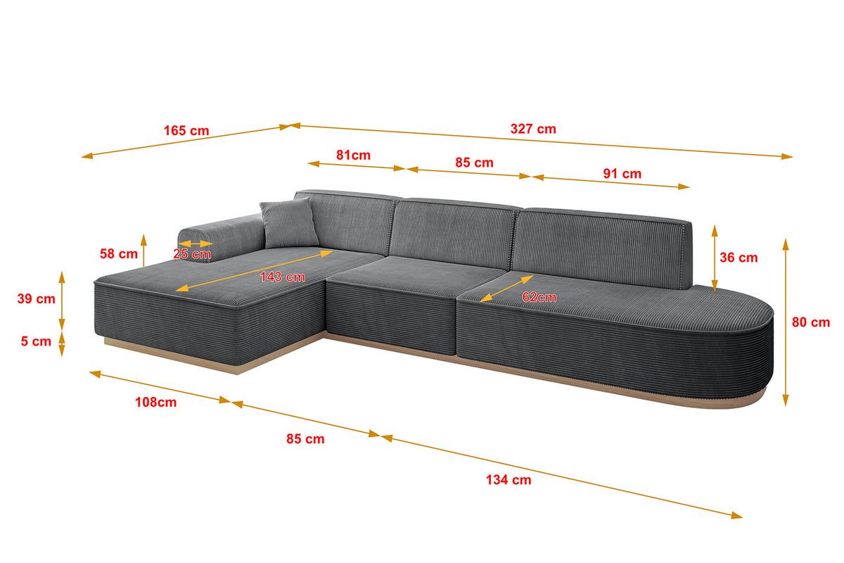 ECKSOFA Ottomane Links IREA-L2 - 327x165x80 cm Duneklgrau - Dunkelgrau, Holzwerkstoff/Textil (327/165cm) - ALTDECOR