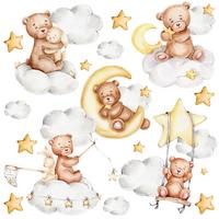 WANDSTICKER Teddybären Wolken Monde Sterne 120x60 - Gelb/Beige, Papier (120/60/1cm) - Muralo
