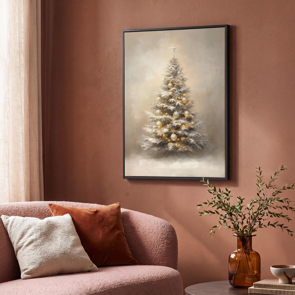 LEINWAND Bilder mit Rahmen - Weihnachten - Weihnachtsbaum - Schnee - Kunst - 70x100 - Champagner, Textil (70/100cm) - MuchoWow