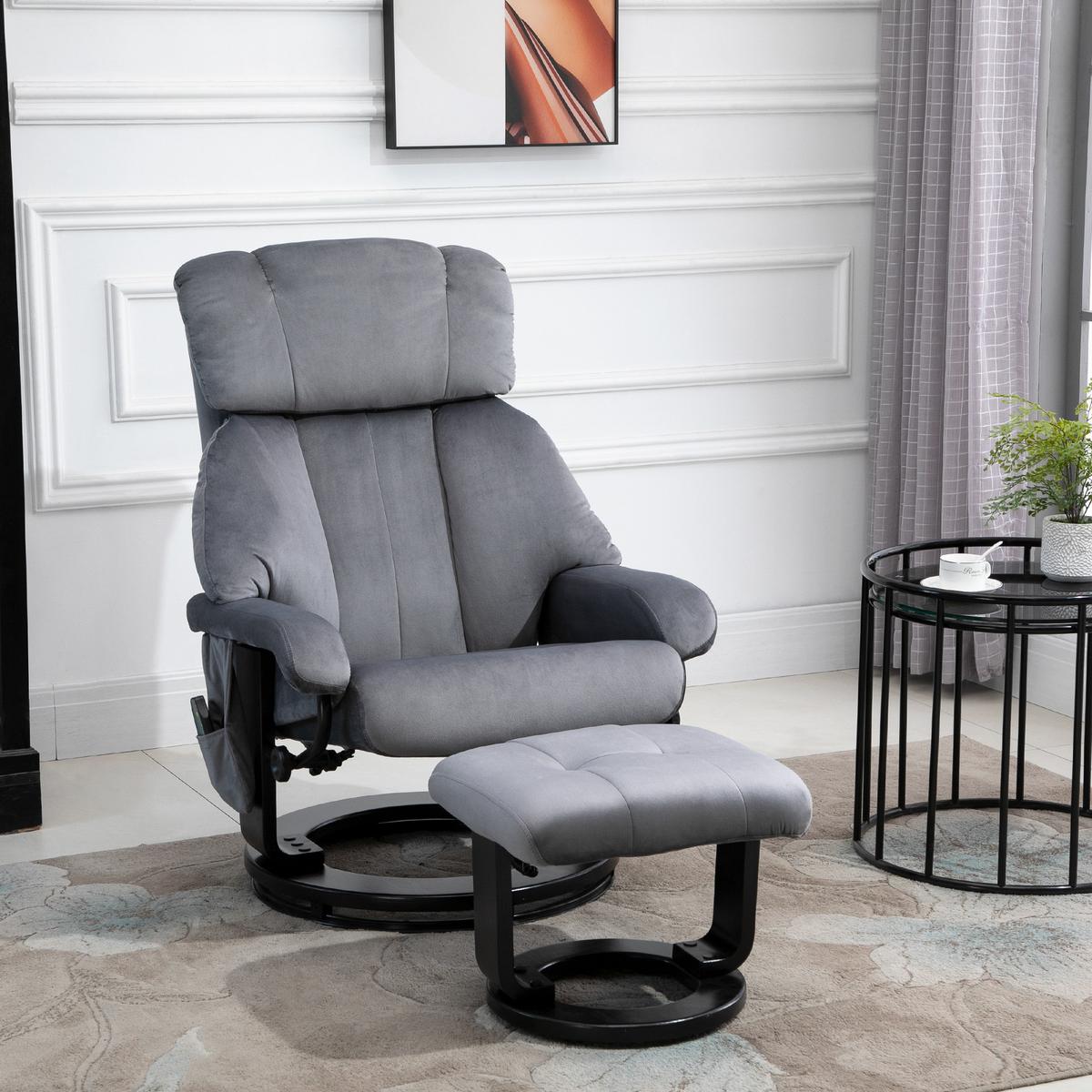 MASSAGESESSEL inkl. Hocker Fernsehsessel drehbar Relaxsessel Samt-Touch Grau - Schwarz/Grau, Textil/Metall (80/102/76cm) - HOMCOM