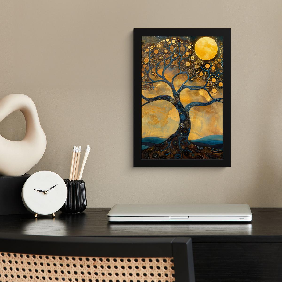 POSTER MIT RAHMEN Baum - Mond - Blumen - Gold - Kunst Poster 20x30 cm - Orange, Papier (20/30cm) - MuchoWow