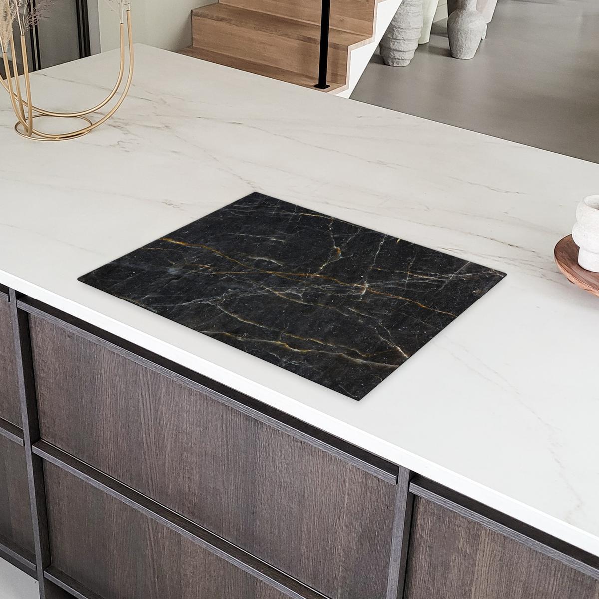 HERDABDECKPLATTE Marmor - Schwarz - Gold - Grau - Marmorstruktur Herdabdeckung Induktionsfeld 70x52 cm - Goldfarben, Kunststoff (70/52/0.2cm) - MuchoWow