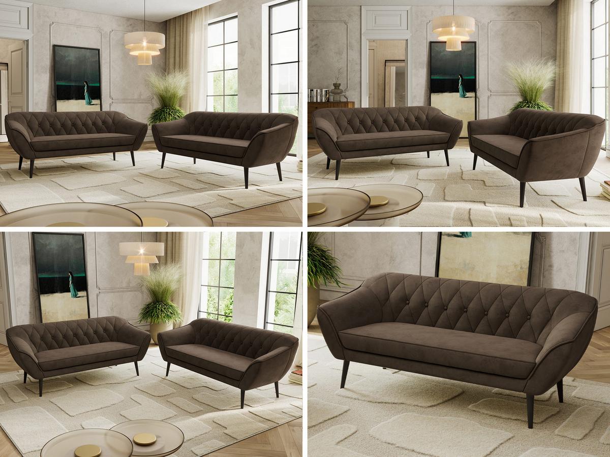 SITZGARNITUR PIRS 3+3 - Braun Velvet - Schwarze Beine - Dunkelbraun/Schwarz, Holzwerkstoff/Textil (180/75/74cm) - MKS
