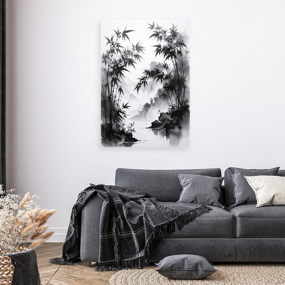 LEINWANDBILD Bambusblätter Landschaft Schwarz-Weiß 70x100cm - Schwarz, Textil (70/100cm) - Feeby