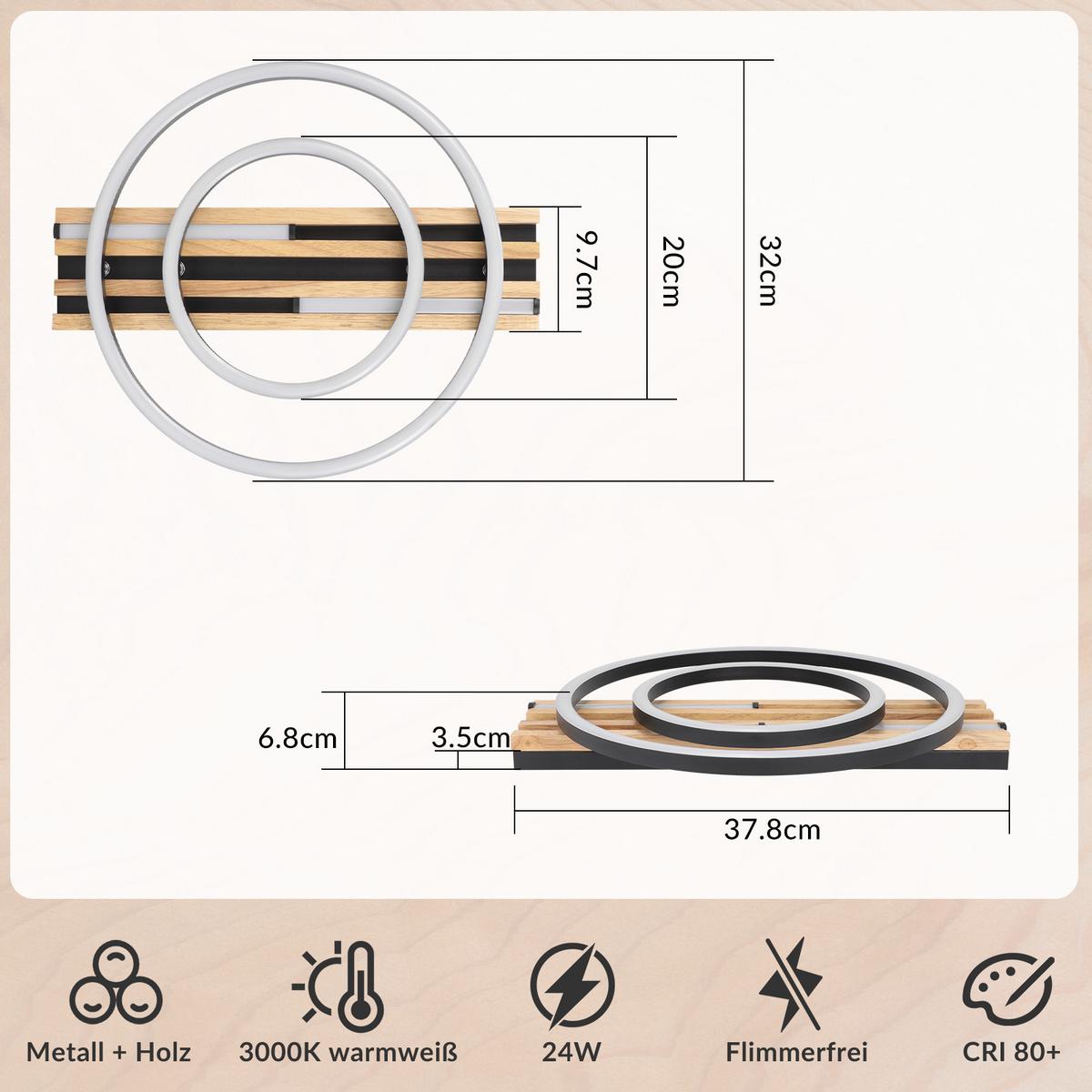 LED DECKENLEUCHTE Qlenli 38/32/6.8 cm - Schwarz, Holz/Metall (38/32/6.8cm) - ZMH
