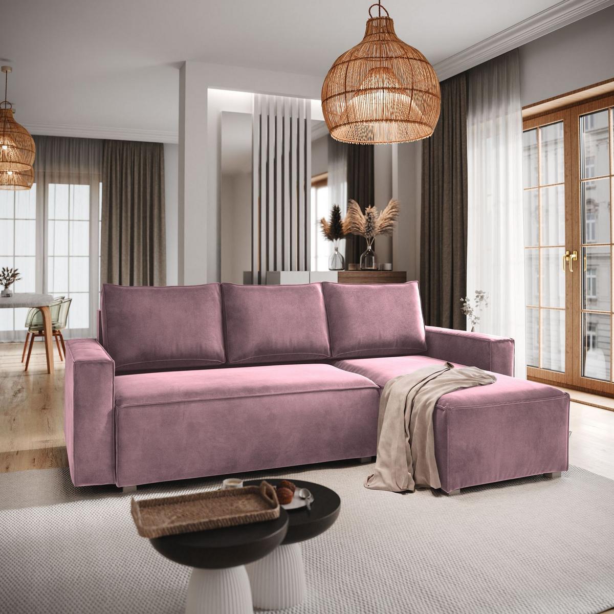 ECKSOFA SILES Lila Velours-Stoff mit Schlaffunktion - Lila/Grau, Holz/Kunststoff (230/140cm) - MASSENO