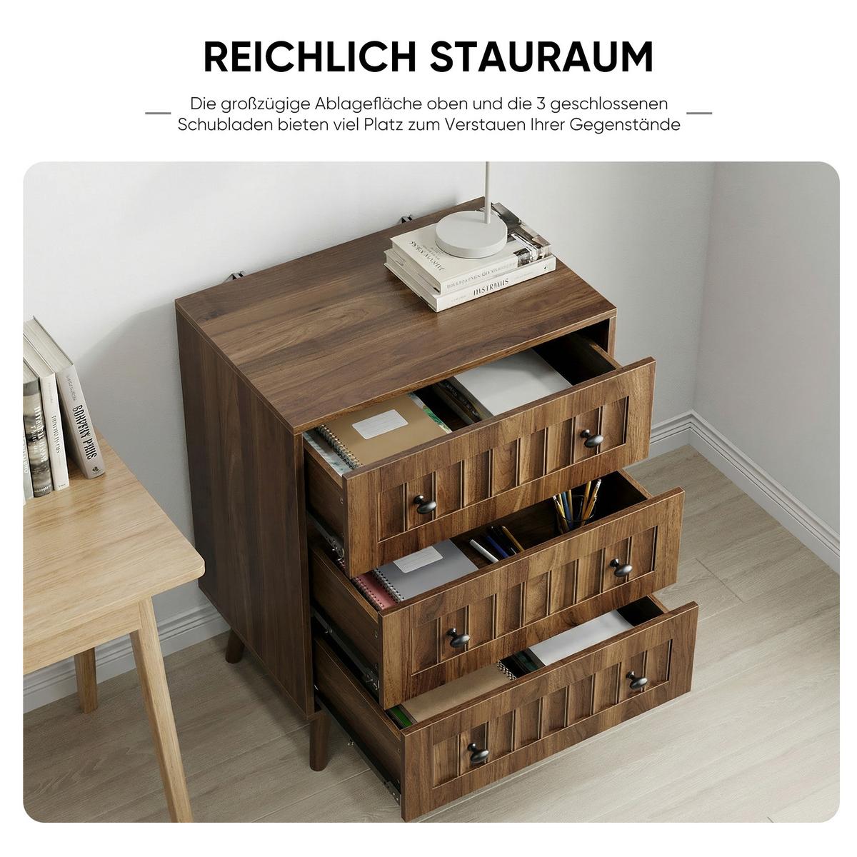SIDEBOARD walnuss-optik & rillen-design mit 3 schubladen & massivholzbeinen - Walnussfarben, Holzwerkstoff (60/78/40cm) - Urban Meuble
