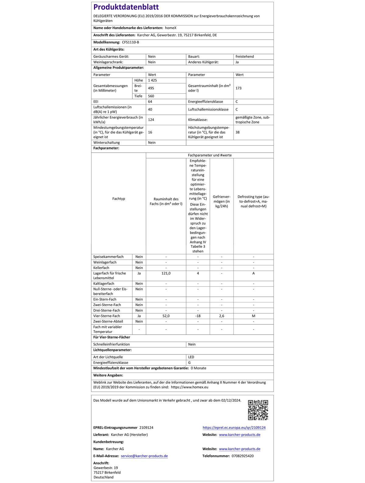 KÜHL-GEFRIER-KOMBINATION, freistehend, 173 Liter Nutzinhalt, 4-Sterne Gefrieren, Höhe 142,5 cm, 40 dB, Kühlschrank mit Gefrierfach groß, CFS1110-B - Schwarz, Glas/Kunststoff (49.5/142.5/56cm) - homeX