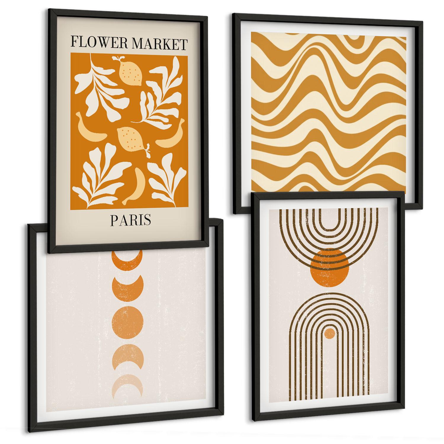 BILDER SET 4er Set - 50x50 cm & 40x60 cm Schwarzer Rahmen - Geometrische Pflanzenmuster - Schwarz, Kunststoff (50/50cm) - TULUP