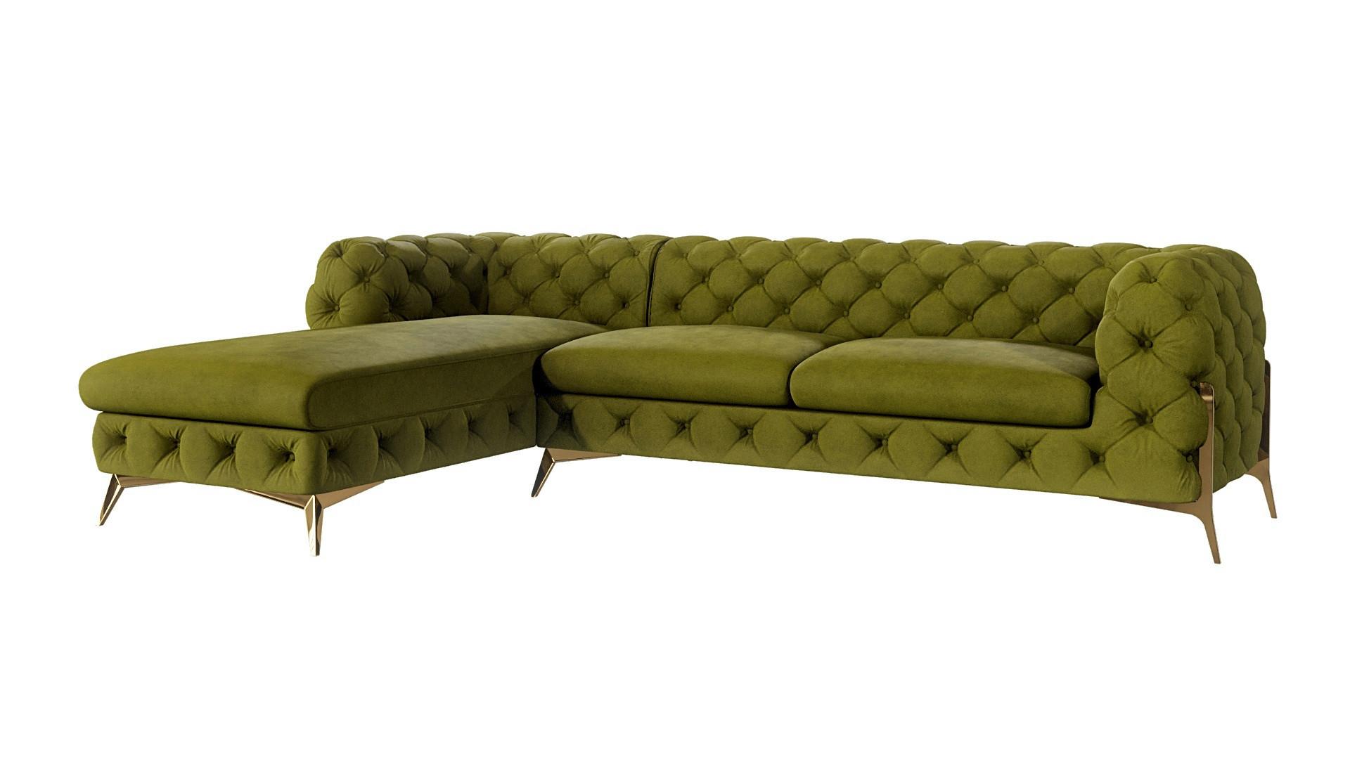 ECKSOFA Chesterfield Lexi Olive Samt, Ottomane links - Goldfarben/Olivgrün, Holz/Textil (305/200cm) - S-Style Möbel