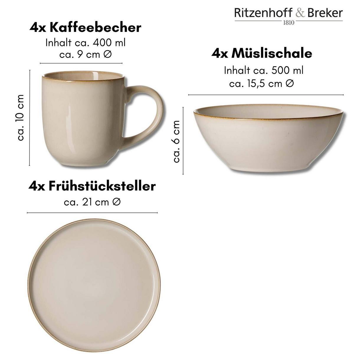 FRÜHSTÜCKS-SET Olivia beige 12-tlg. - Beige, Keramik (2/2/2cm) - Ritzenhoff Breker