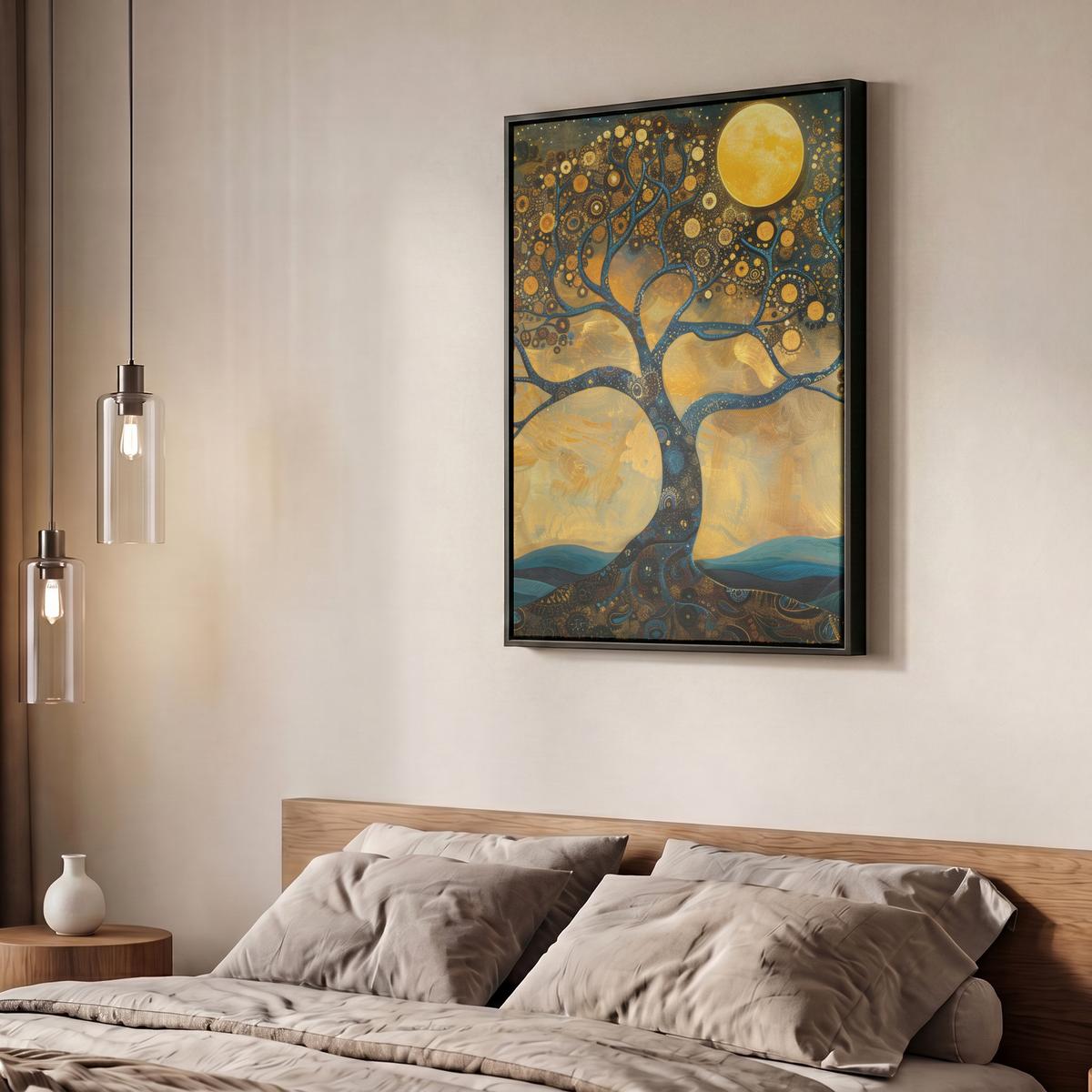 LEINWAND Bilder mit Rahmen - Baum - Mond - Blumen - Gold - Kunst - 60x80 - Orange, Textil (60/80cm) - MuchoWow