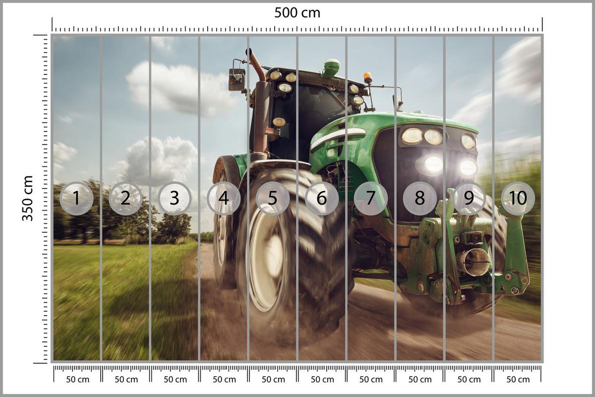 FOTOTAPETE Fahrender Traktor Bäume Vegetation Landwirtschaft 500x350 - Schwarz/Weiß, Papier (500/350cm) - Muralo