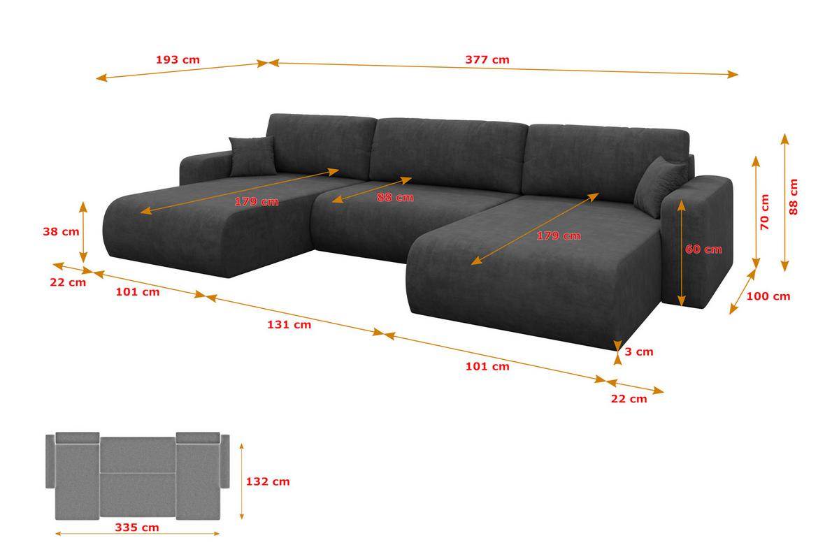 WOHNLANDSCHAFT mit Schlaffunktion und Bettkasten BERY-U 377x193x88 Dunkelgrau Velours - Anthrazit/Schwarz, Holzwerkstoff/Kunststoff (377/88/193cm) - ALTDECOR
