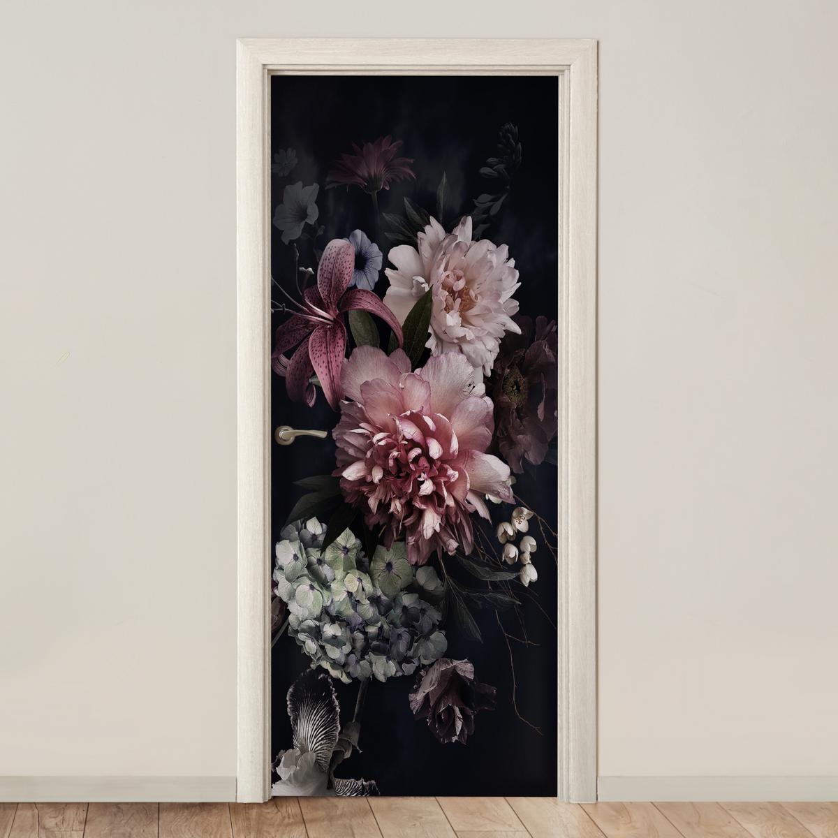 TÜRAUFKLEBER Blumen - Vintage - Pastell - Rosa - Weiß 80x215 cm - Türtapete - Altrosa, Kunststoff (80/0.1cm) - MuchoWow