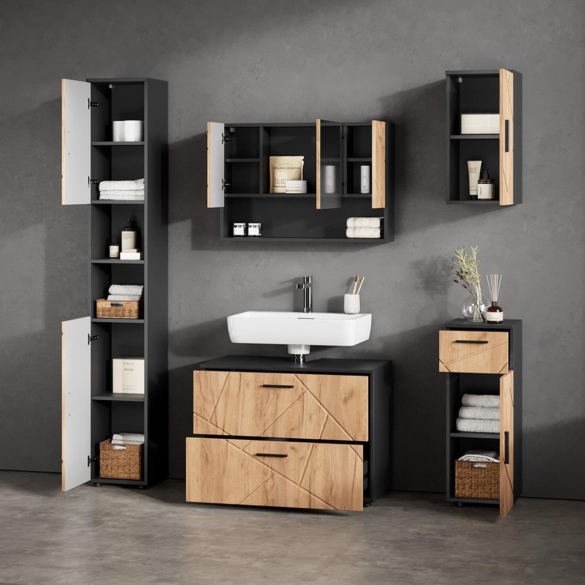 BADMÖBEL-SET Ronco Goldkraft Eiche/Anthrazit 5 Teile - Honigeiche/Anthrazit, Holzwerkstoff (41/80/58cm) - Livinity®