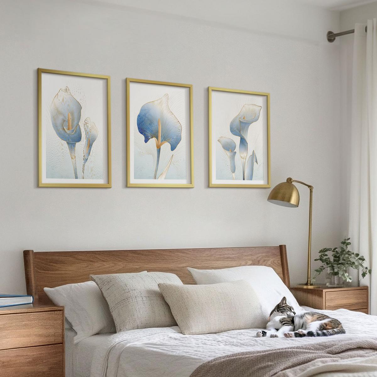 BILDER SET 3er Set - 40x60 cm Goldrahmen - Blaue Blumen im Hintergrund - Goldfarben, Kunststoff (40/60cm) - TULUP