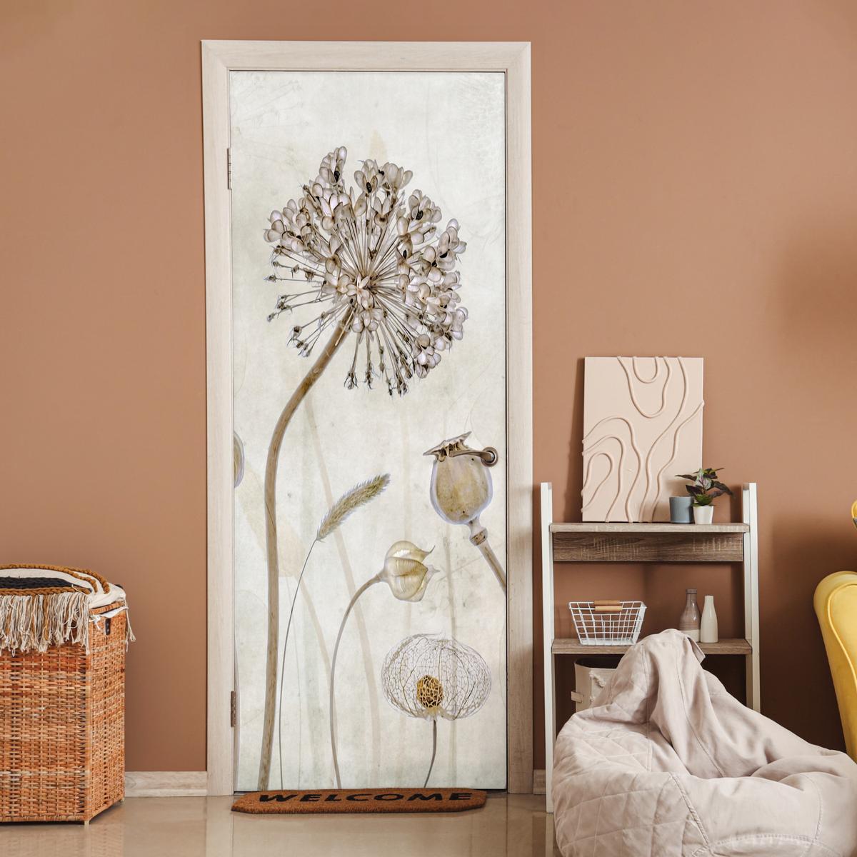 TÜRAUFKLEBER Blumen - Aquarell - Stilleben - Braun - Vintage 90x235 cm - Türtapete - Ecru, Kunststoff (90/0.1cm) - MuchoWow