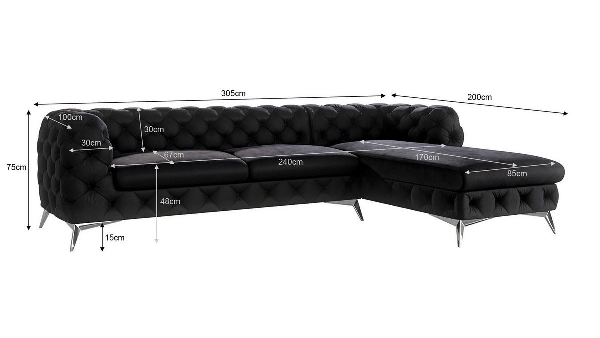 ECKSOFA Chesterfield Laura Schwarz Samt - Silberfarben/Schwarz, Holz/Textil (305/200cm) - S-Style Möbel