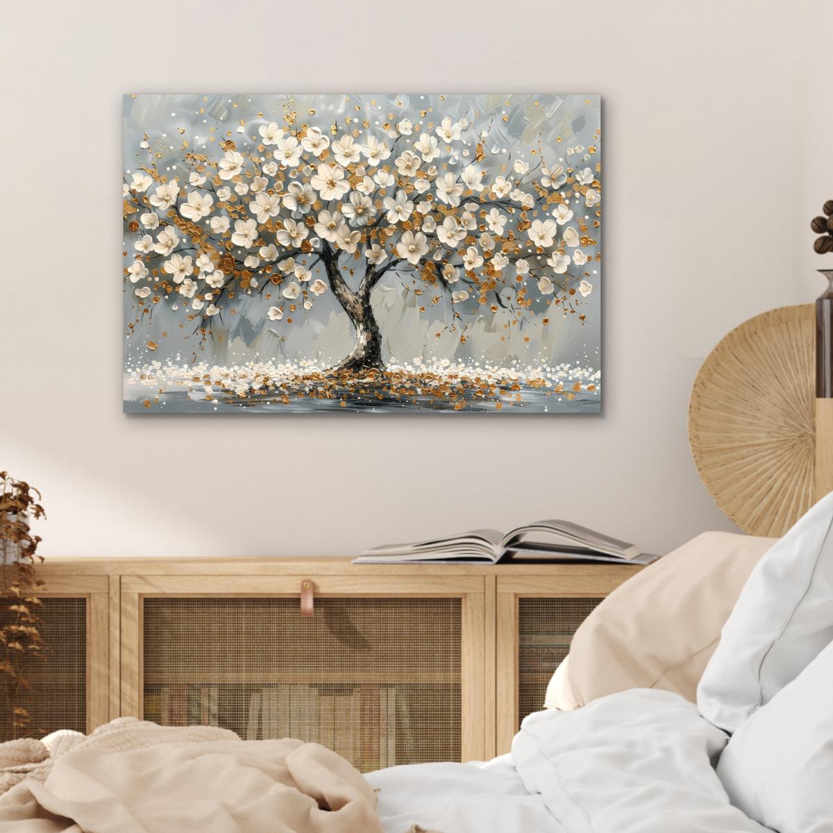 METALLBILD Baum - Blumen - Weiß - Natur - Kunst Wandbild 60x40 cm - Weiß, Metall (60/40cm) - MuchoWow