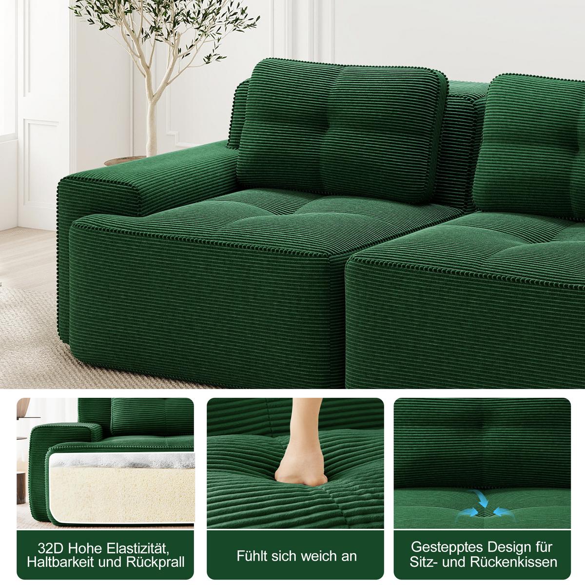 3-SITZER SOFA cord montagefrei & extratiefer sitz - Grün, Textil (293/69/104cm) - Urban Meuble