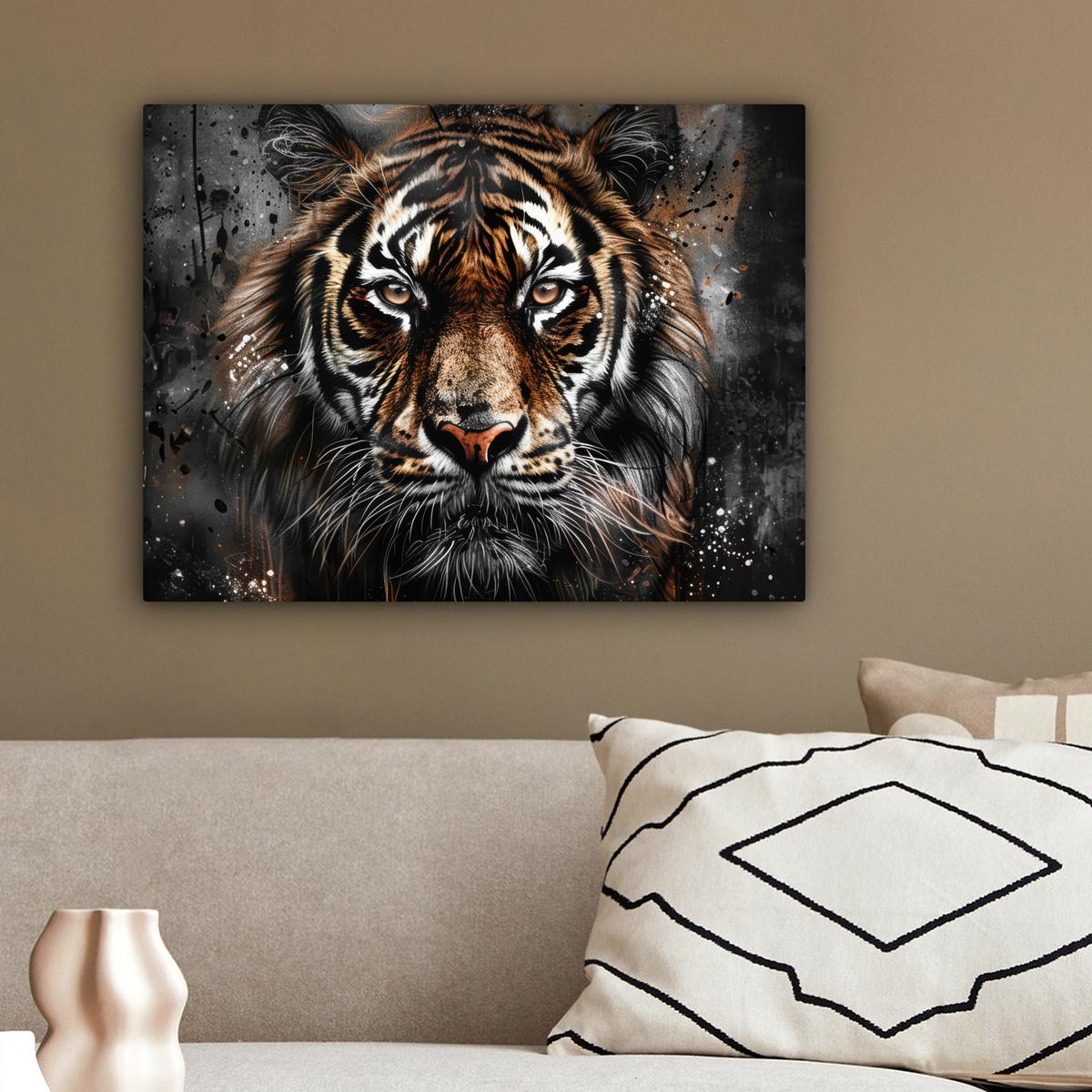 LEINWANDBILD Tiger - Tiere - Porträt - Luxus - Schwarz Wandbild 40x30 cm - Anthrazit, Textil (40/30cm) - MuchoWow