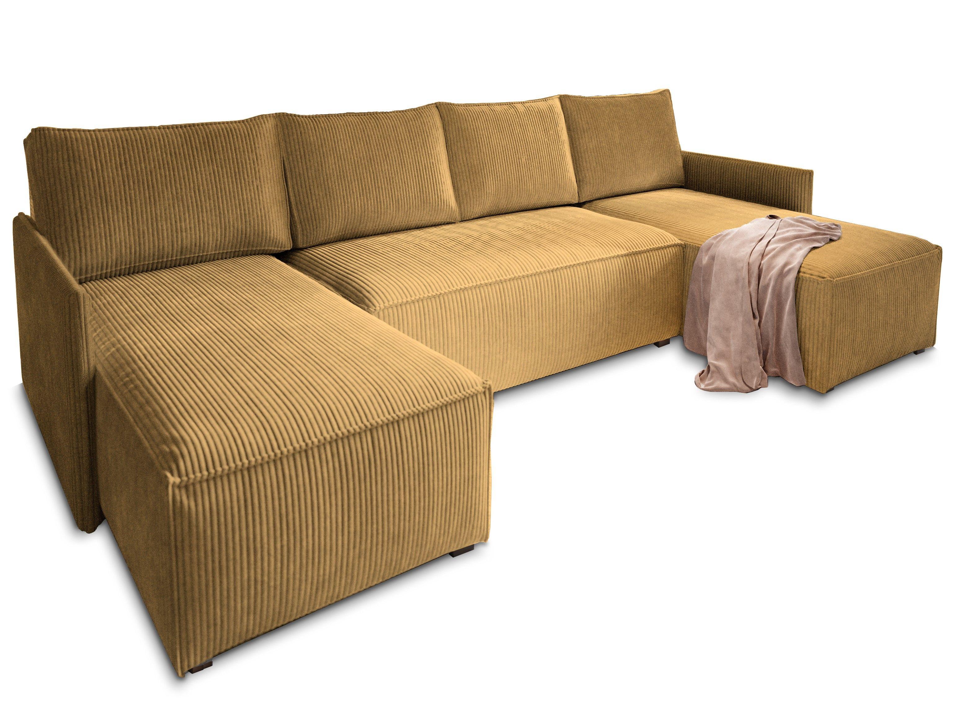 WOHNLANDSCHAFT TRES Gelb Kordstoff mit Schlaffunktion - Gelb/Grau, Holz/Kunststoff (271/85/140cm) - MASSENO