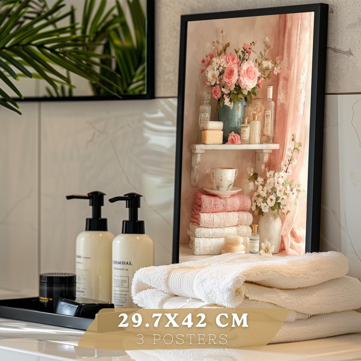 POSTER 3er-Set dekorative Badezimmerdrucke, romantischer Stil, Bilder mit Rosen, Parfums und Fenster, elegante, Wohndekoration Schwarzer Rahmen A3 - Schwarz, Papier (42/29.7/3cm) - Nacnic