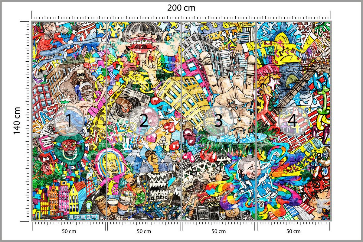 FOTOTAPETE für Jugendzimmer Buntes Graffiti Streetart Bunt 200x140 - Türkis/Gelb, Papier (200/140cm) - Muralo