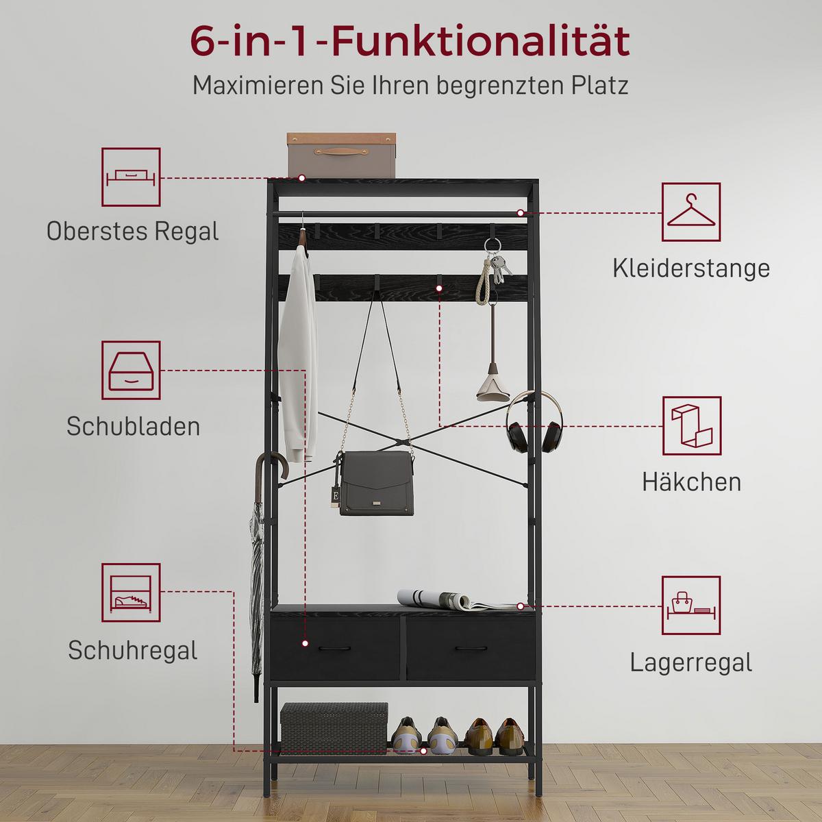 GARDEROBENSTÄNDER, Kleiderständer mit Schuhregal, 2 Schubladen, Garderobe - Schwarz, Holzwerkstoff (30/180.5/80cm) - HOMCOM
