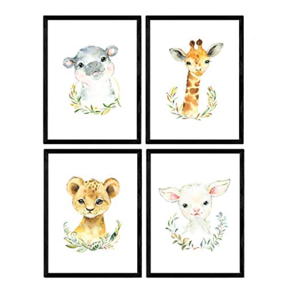 POSTER Set mit 4 Girafa Ziege Nilpferd und Löwe A4 Schwarzer Rahmen - Schwarz, Papier (29.7/3cm) - Nacnic