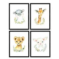 POSTER Set mit 4 Girafa Ziege Nilpferd und Löwe A4 Schwarzer Rahmen - Schwarz, Papier (29.7/3cm) - Nacnic