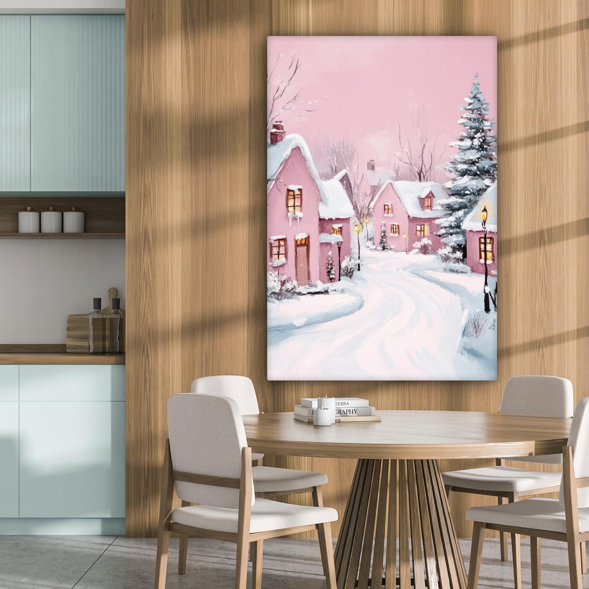 LEINWANDBILD Weihnachtsdorf - Rosa - Winter - Schnee - Häuser Deko XXL 80x120 cm - Altrosa, Textil (80/120cm) - MuchoWow