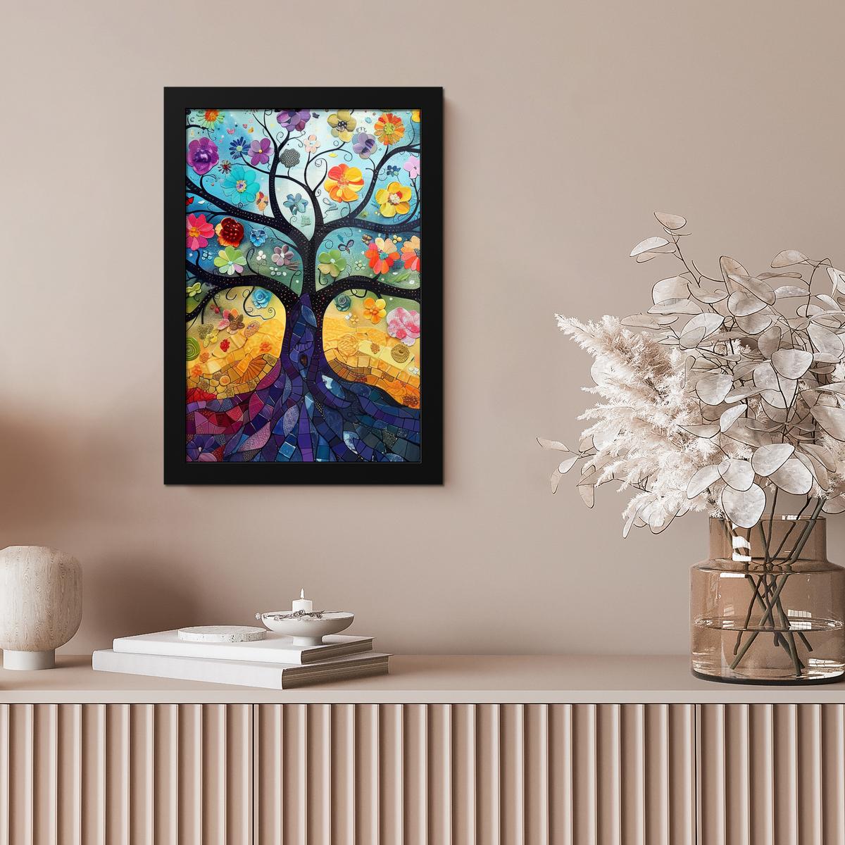 POSTER MIT RAHMEN Kunst - Baum des Lebens - Blumen - Hippie Poster 20x30 cm - Dunkelblau, Papier (20/30cm) - MuchoWow