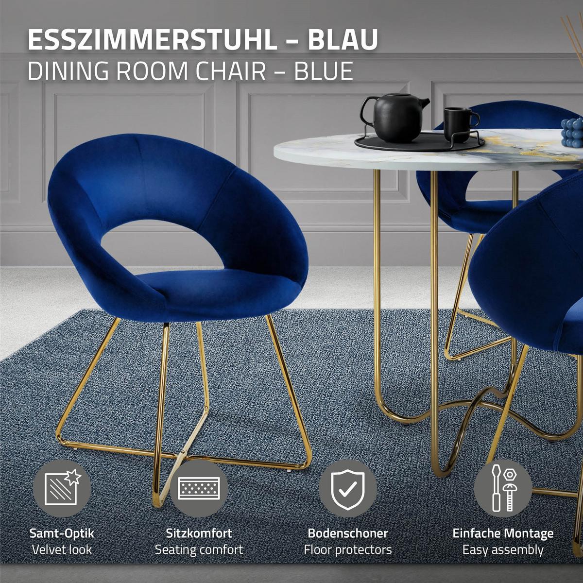 ESSZIMMERSTÜHLE 2er Set Blau Samt - Blau/Goldfarben, Metall (53/77/64cm) - ML-DESIGN