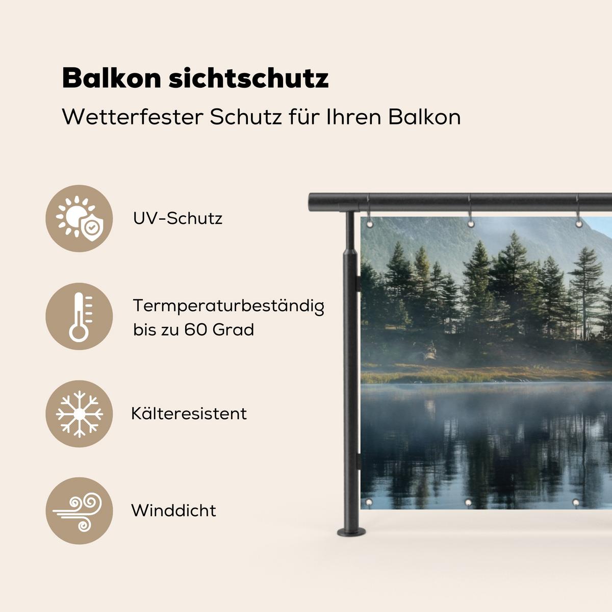 BALKON-SICHTSCHUTZ See - Nebel - Berge - Landschaft Windschutz 300x100 cm - Hellblau, Kunststoff (300/100cm) - MuchoWow