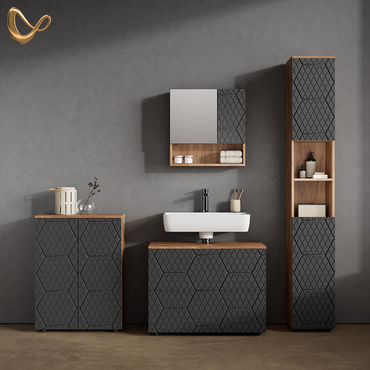 BADMÖBEL-SET Ronco Anthrazit mit Wabenstruktur 4 Teile, mit Schubladenschrank und Midischrank - Anthrazit, Holzwerkstoff (80/58/41cm) - Livinity®