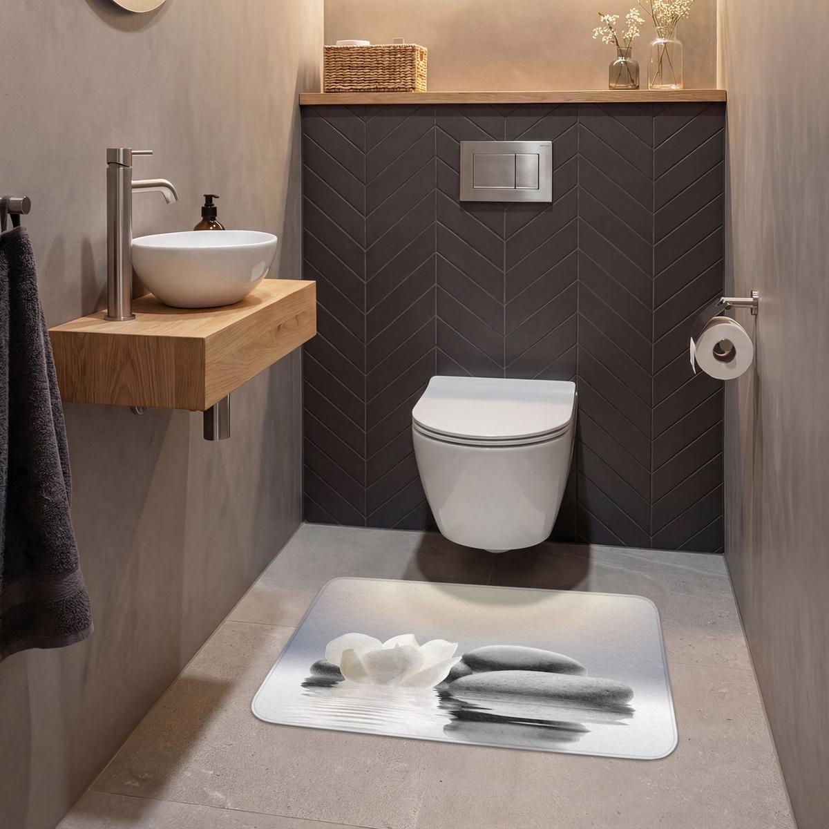 WC-VORLEGER Steine - Lotus - Weiß - Wasser - Zen Toilettenteppich 80x50 cm - Weiß, Textil (80/1cm) - OnlyWow