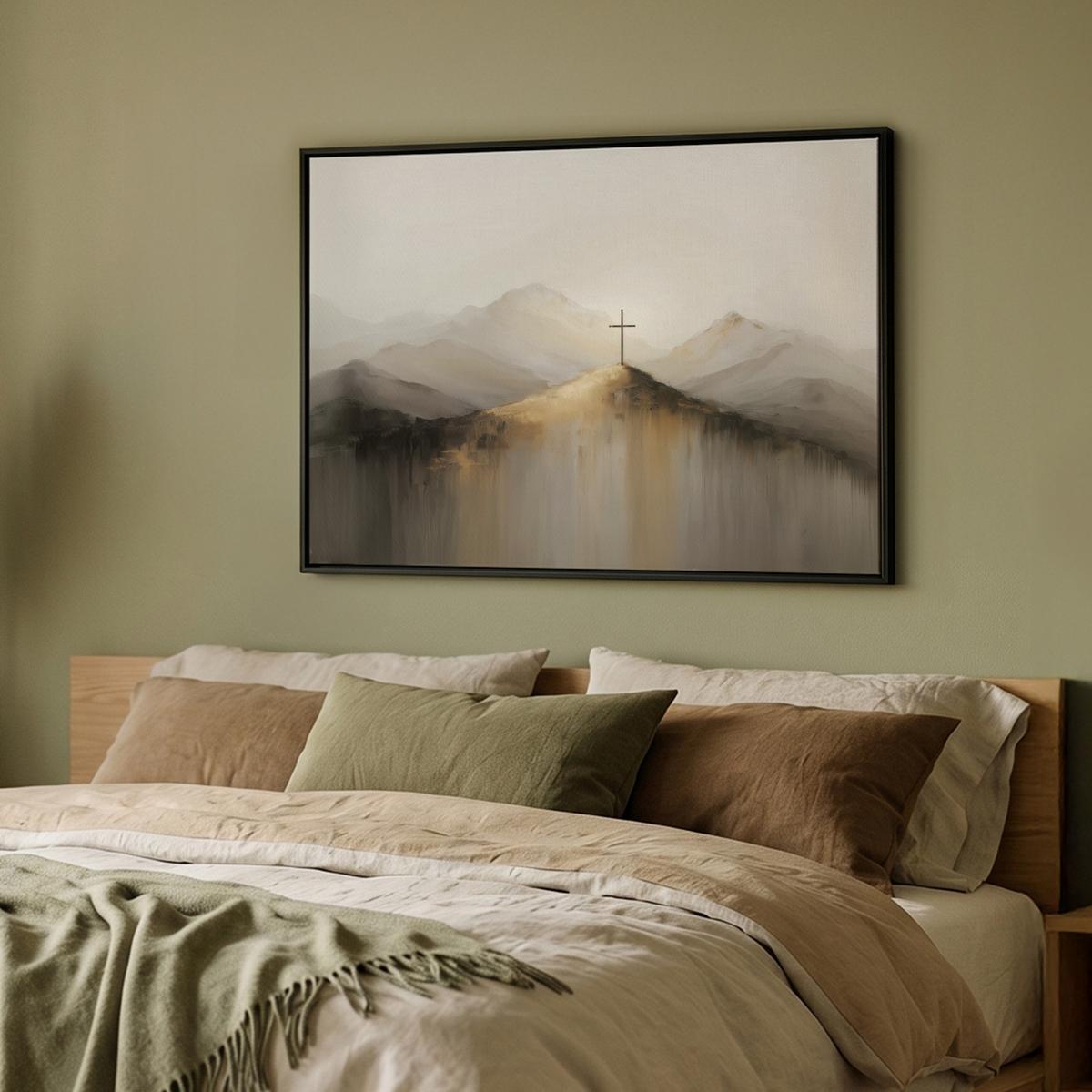 LEINWAND Bilder mit Rahmen - Hügel - Abstrakt - Kreuz - Christentum - 100x70 - Beige, Textil (100/70cm) - MuchoWow